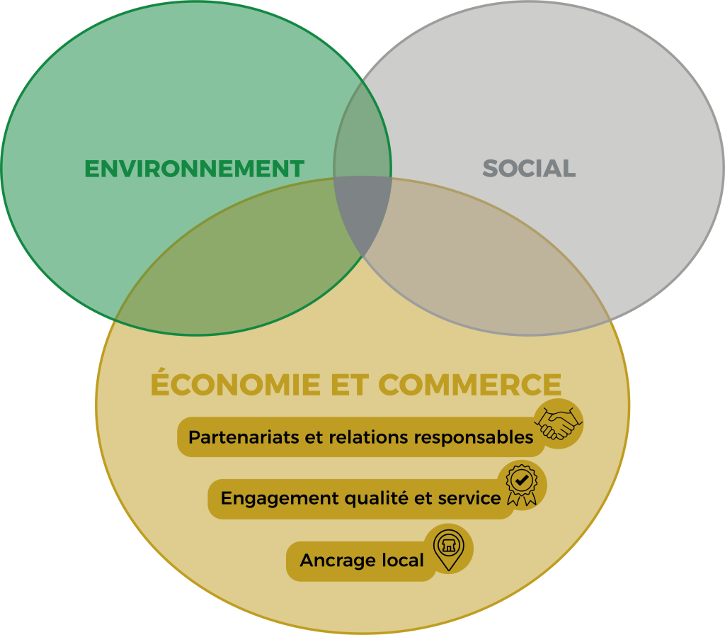 Schéma des engagements RSE des Transports Gauthier sur l'axe économique et commercial, incluant partenariats responsables, qualité de service et ancrage local.